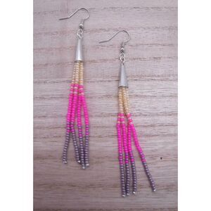 Earrings Beaded Silver Pearl, Pink & Purple